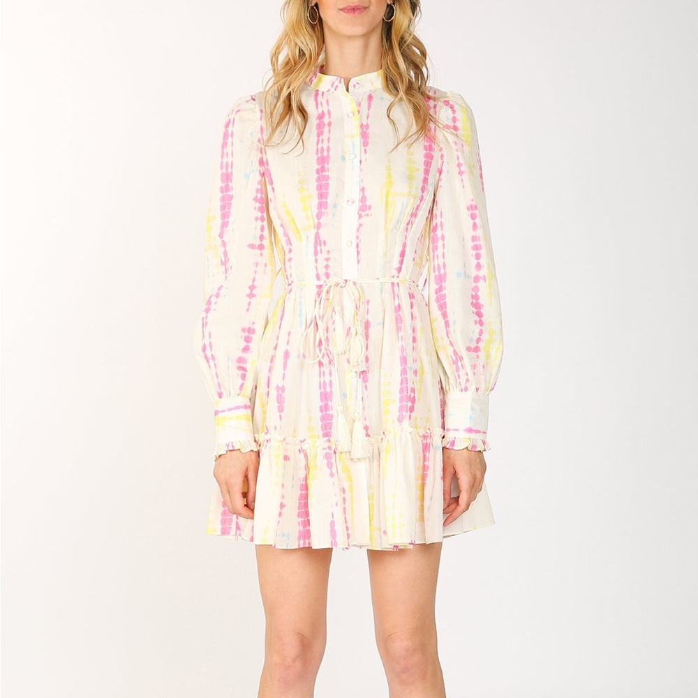 NWT Beulah Women's SZ L Shirt-dress Tie-Dye Bishop Sleeve Tiered Preppy Dress - Picture 2 of 9